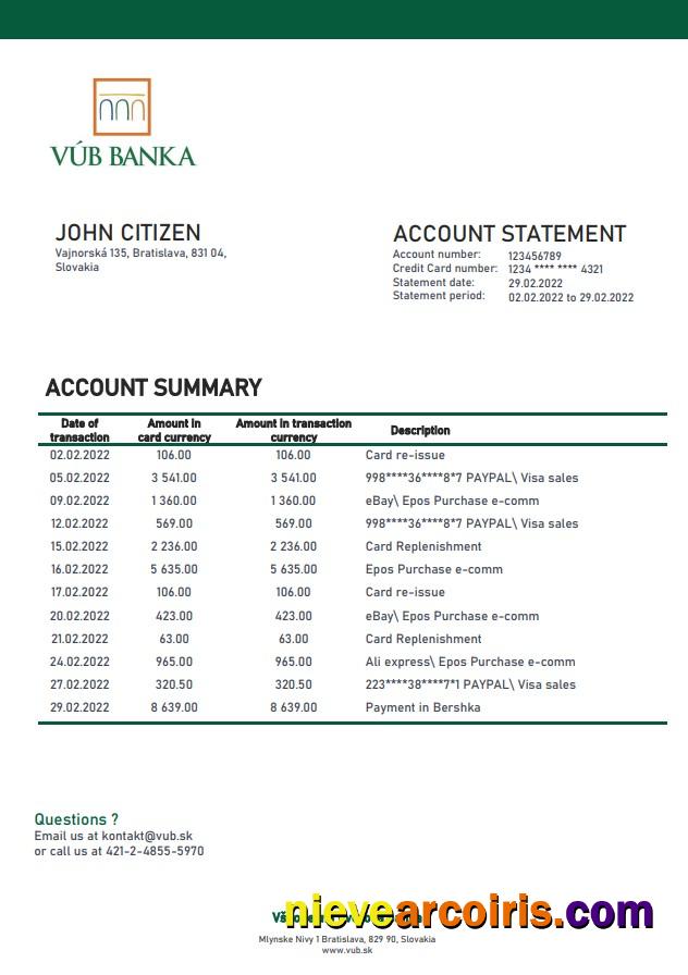 Slovakia VUB bank statement